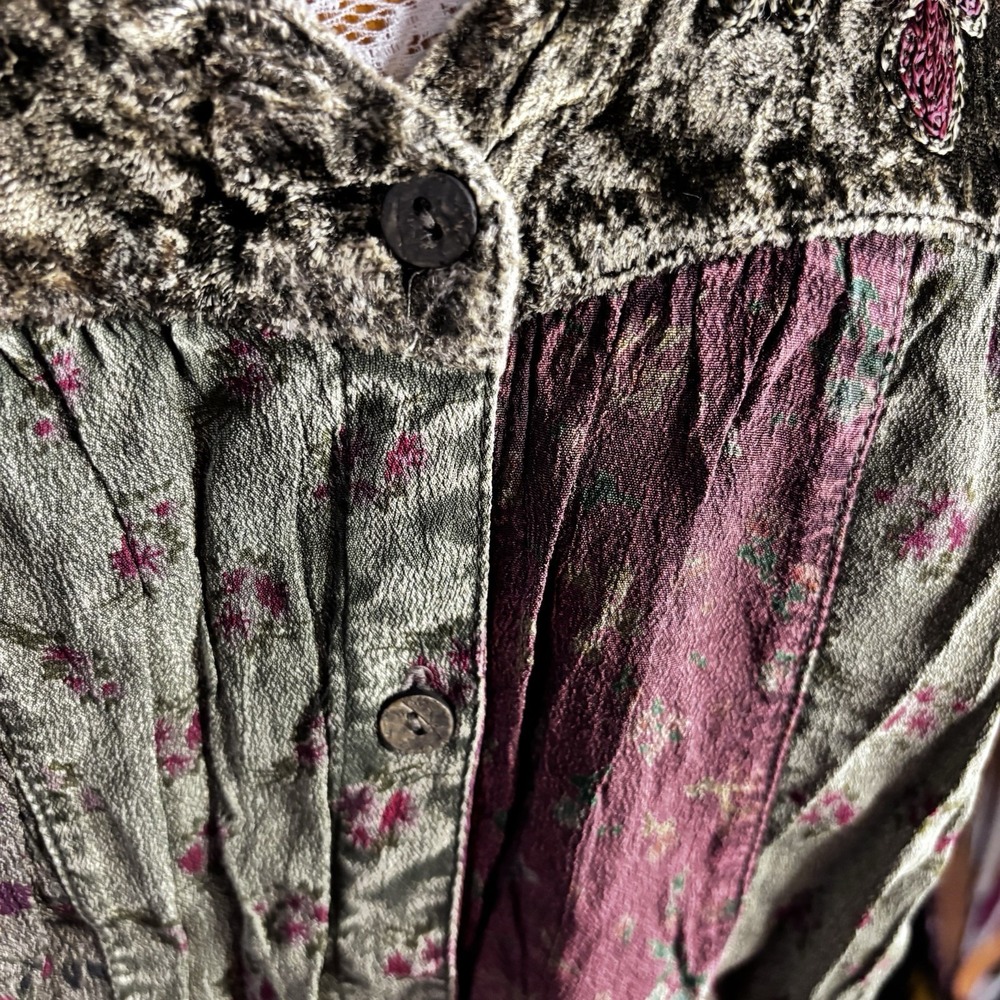 Boho Velvet Patchwork V-Neck Blouse in Olive & Burgundy - Picture 6 of 16